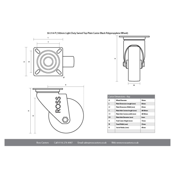 50mm Swivel Plastic Castor Black Wheel Technical