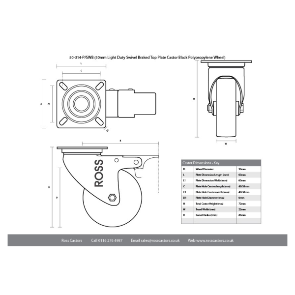 50mm Swivel Plastic Castor with Brake Black Wheel Technical
