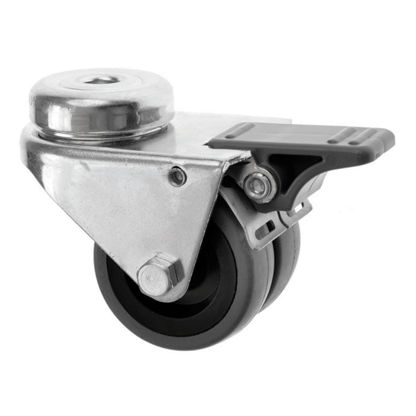 50mm Bolt Hole Castor with Brake Twin Grey Rubber Wheel