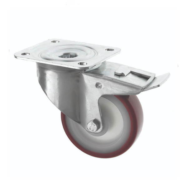 80mm Red Polyurethane Swivel Castors with Brake