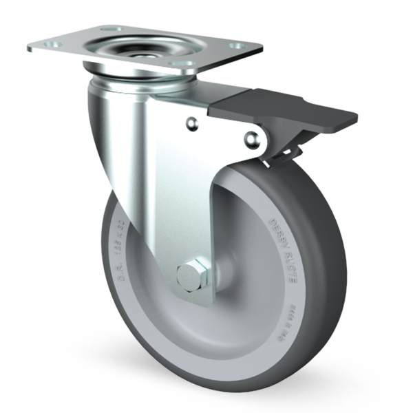 80mm Institutional Swivel Braked Zinc Plated Castor Grey Thermoplastic wheel