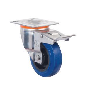 100mm Pressed Steel Swivel Castor with Blue Rubber Wheel and Directional Brake