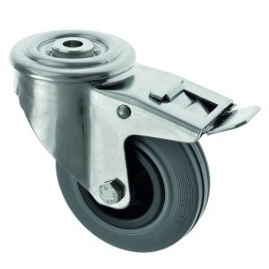 125mm Medium Duty Swivel Bolt Hole Stainless Steel Braked Castor Grey Rubber Wheel
